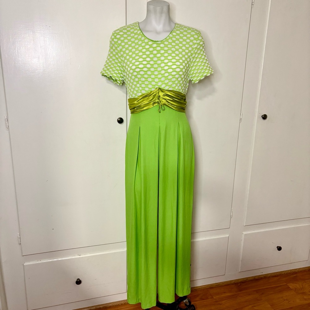 Vintage 90s Pelicana Lime Neon Green Wide Leg Maximalist Short Sleeve Jumpsuit